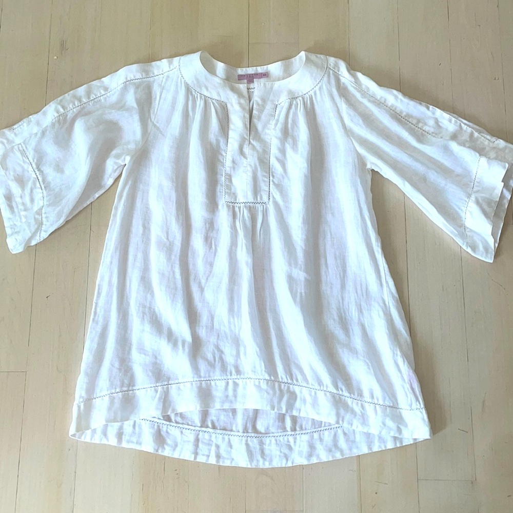 Calypso white linen hemstitch high-low tunic blouse